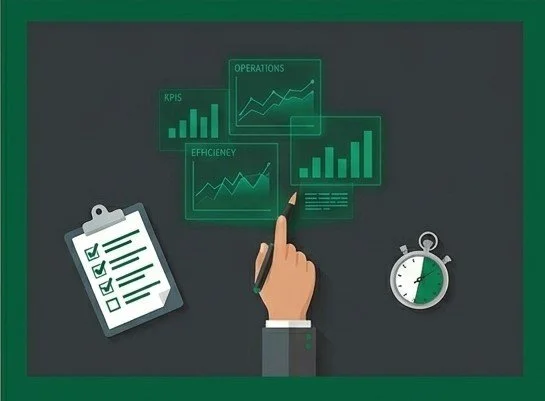 Hand using a stylus to select a business dashboard with charts labeled KPIs, Operations, and Efficiency, a clipboard with checkmarks, and a stopwatch timer.
