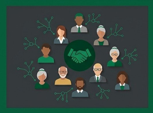 Illustration of diverse people connected with digital network, promoting teamwork or collaboration.