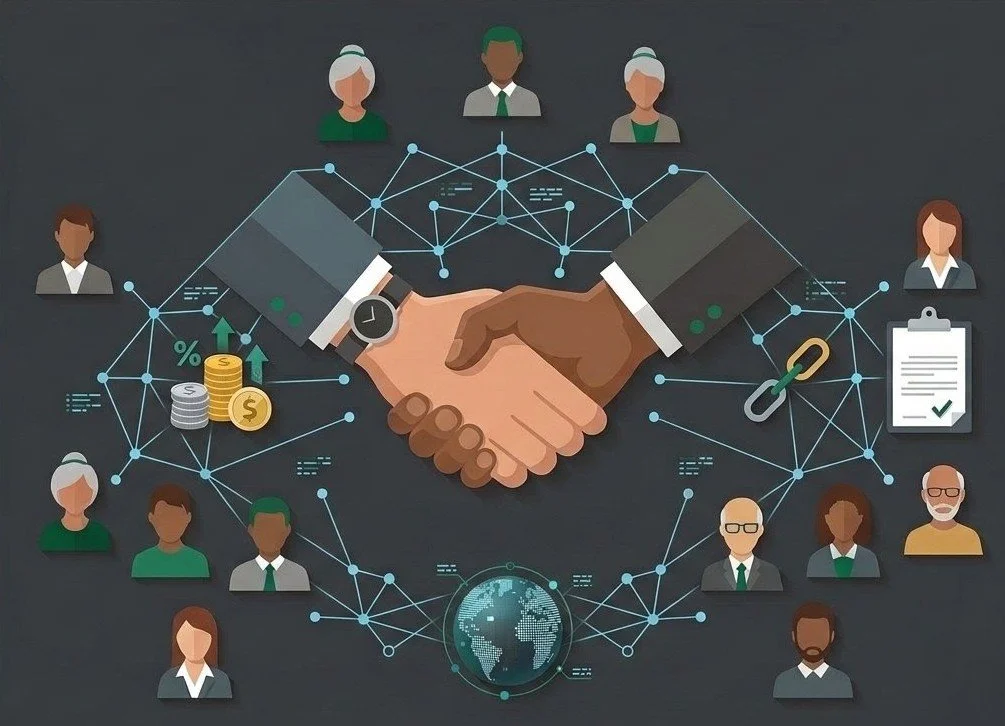 Illustration of a handshake surrounded by diverse people icons, symbols of money, a chain link, and a clipboard, representing business agreements and networking.