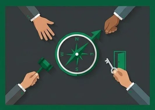 Illustration of four hands around a compass on a dark background, with a gavel, a key, and a door as symbols of law, security, and navigation.