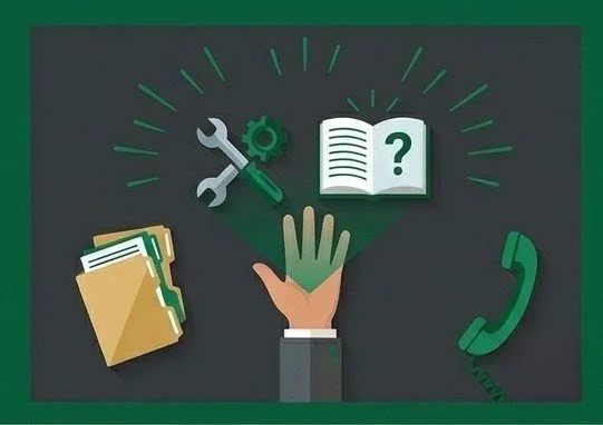Illustration of a hand reaching out with various icons: a stack of folders, a wrench and gear, an open book with a question mark, and a telephone receiver, on a dark background.