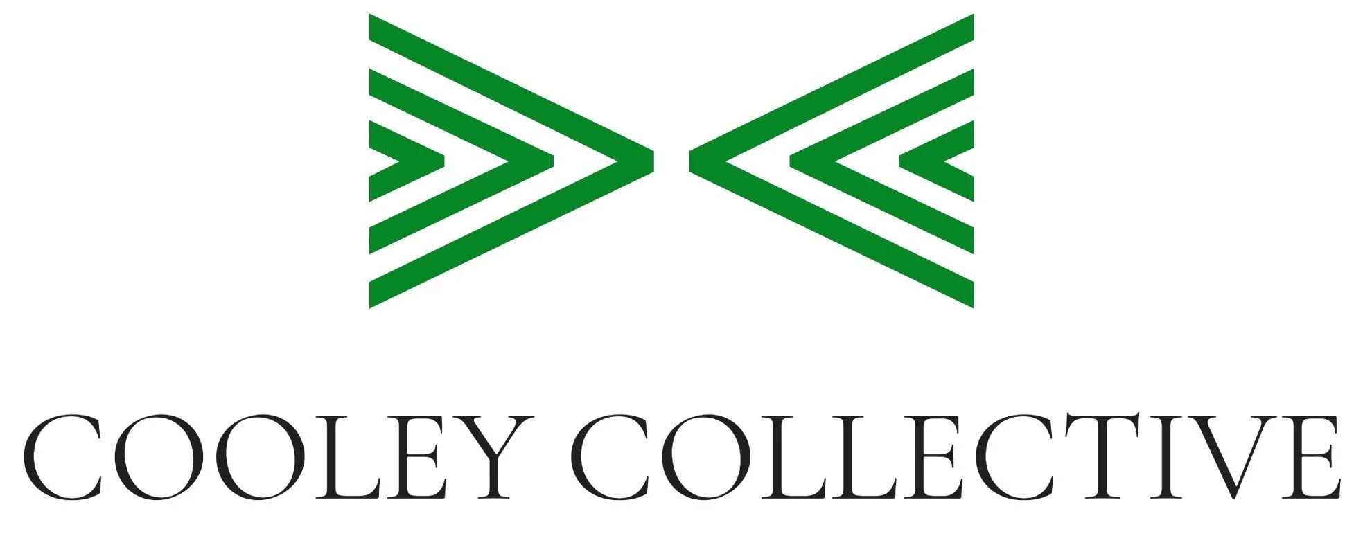 Logo with two abstract green arrow symbols pointing in opposite directions, and the words 'COOLEY COLLECTIVE' written below in black.