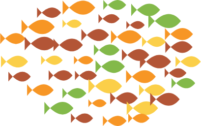 A school of multicolored fish swimming against a black background, in orange, green, yellow, and brown colors.