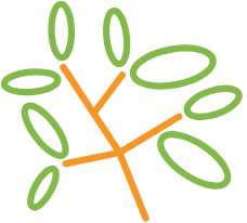 Illustration of a tree with green leaves and orange branches on a black background.