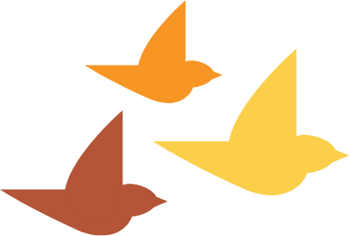 Three stylized birds in orange, yellow, and brown flying against a black background.