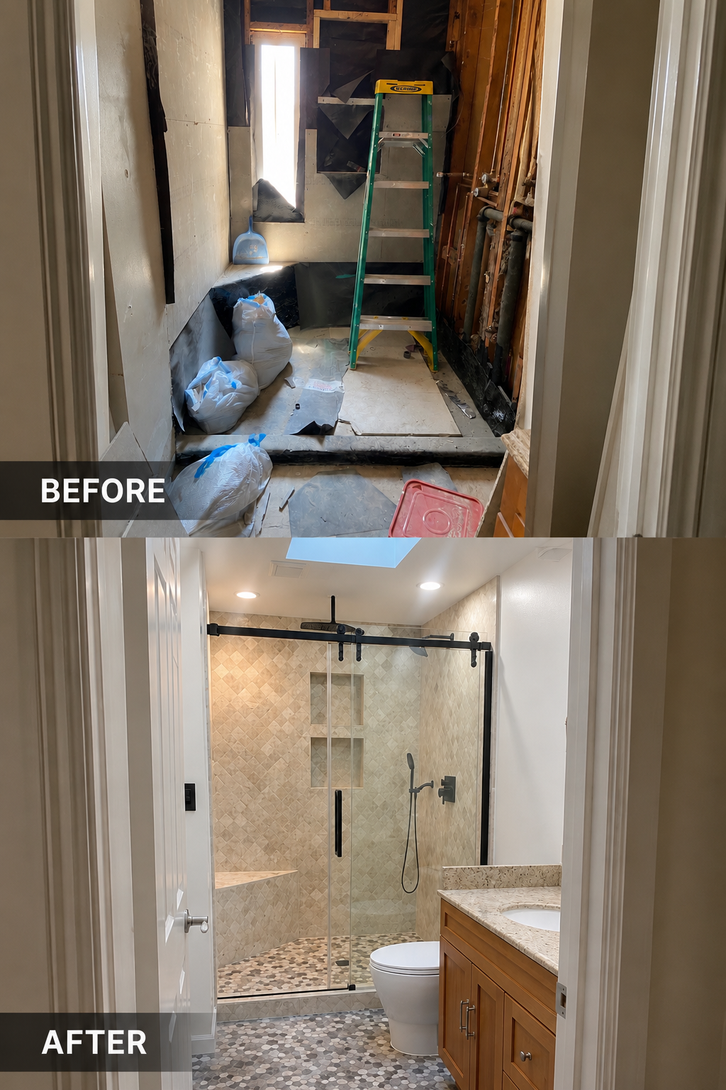 Before and after bathroom renovation showing the unfinished space and completed tiled bathroom