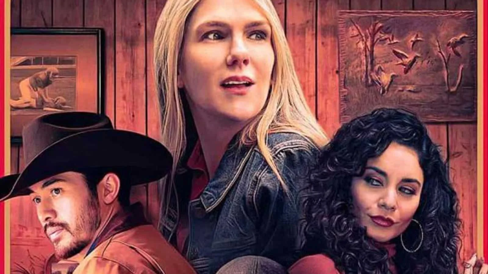 Group of three people: a blonde woman in the middle, a woman with dark curly hair on the right, and a man with a cowboy hat on the left, all in front of a wooden wall with cowboy-themed art.