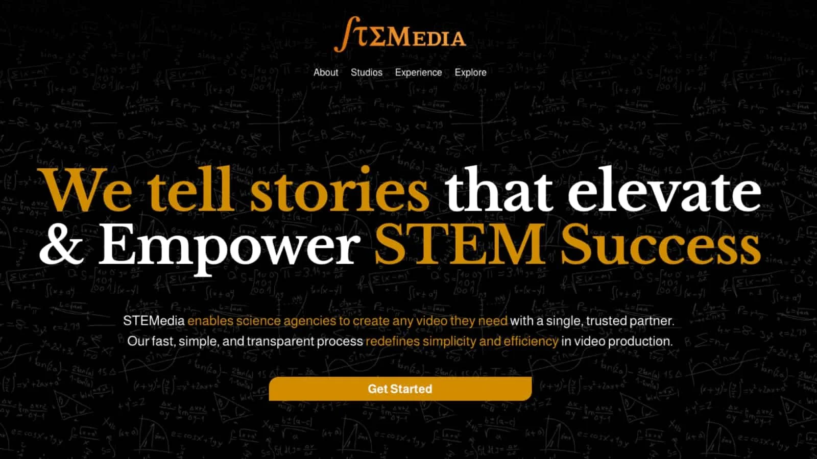 STEMedia website home page featuring the slogan 'We tell stories that elevate & Empower STEM Success', with a black background filled with handwritten math and science formulas, and a button labeled 'Get Started'.