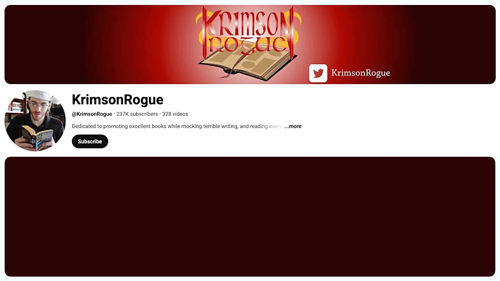 YouTube channel banner for KrimsonRogue with a red background.
