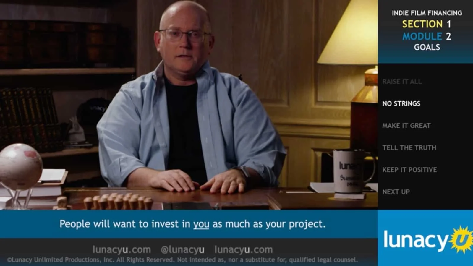 A man sitting at a wooden desk with a globe, books, and papers, speaking in a video about investment in projects, with a sidebar menu listing sections related to indie film financing, goals, and motivational phrases, and a blue banner at the bottom displaying a message about investment