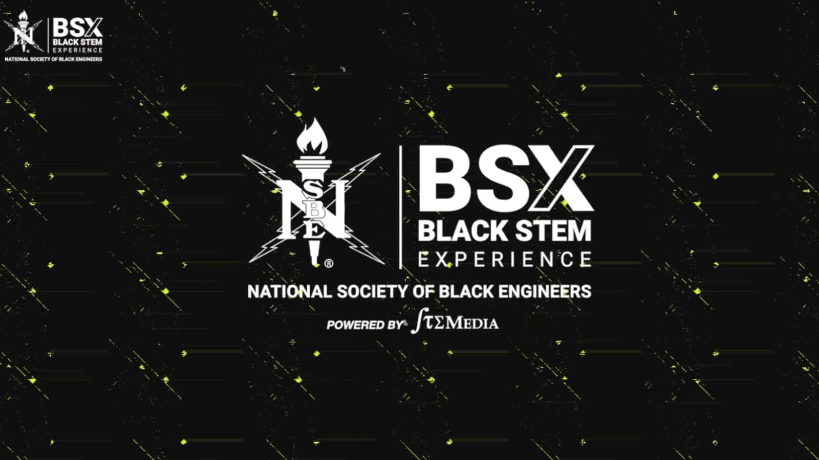 Logo for the Black Stem Experience event by the National Society of Black Engineers with a black background and yellow specks, featuring the organizations' names.