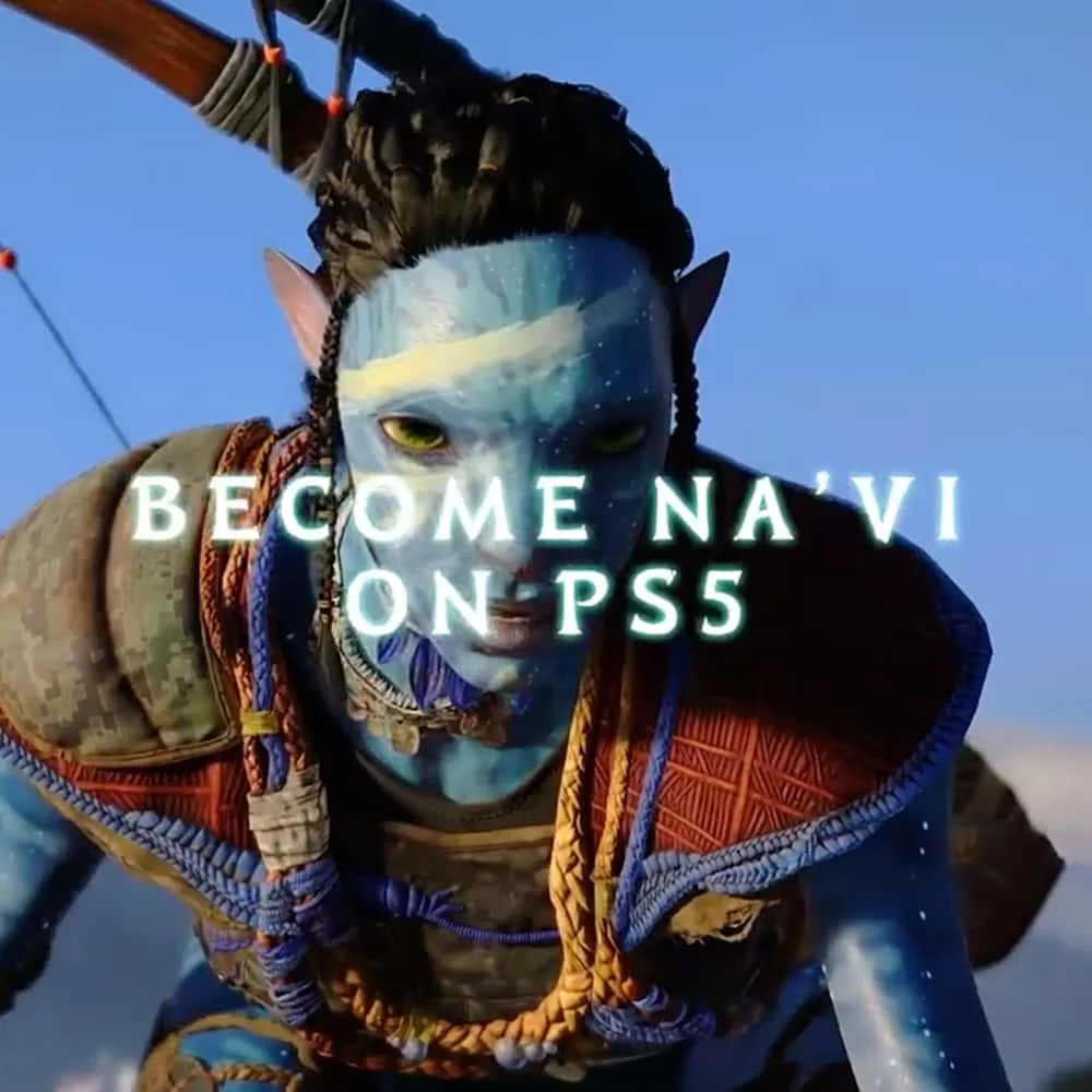 A character from the film Avatar with a blue face and pointed ears, wearing a tribal costume, and reaching forward in an outdoor setting during daytime. Overlaid text reads 'BECOME NAVI ON PS5'.