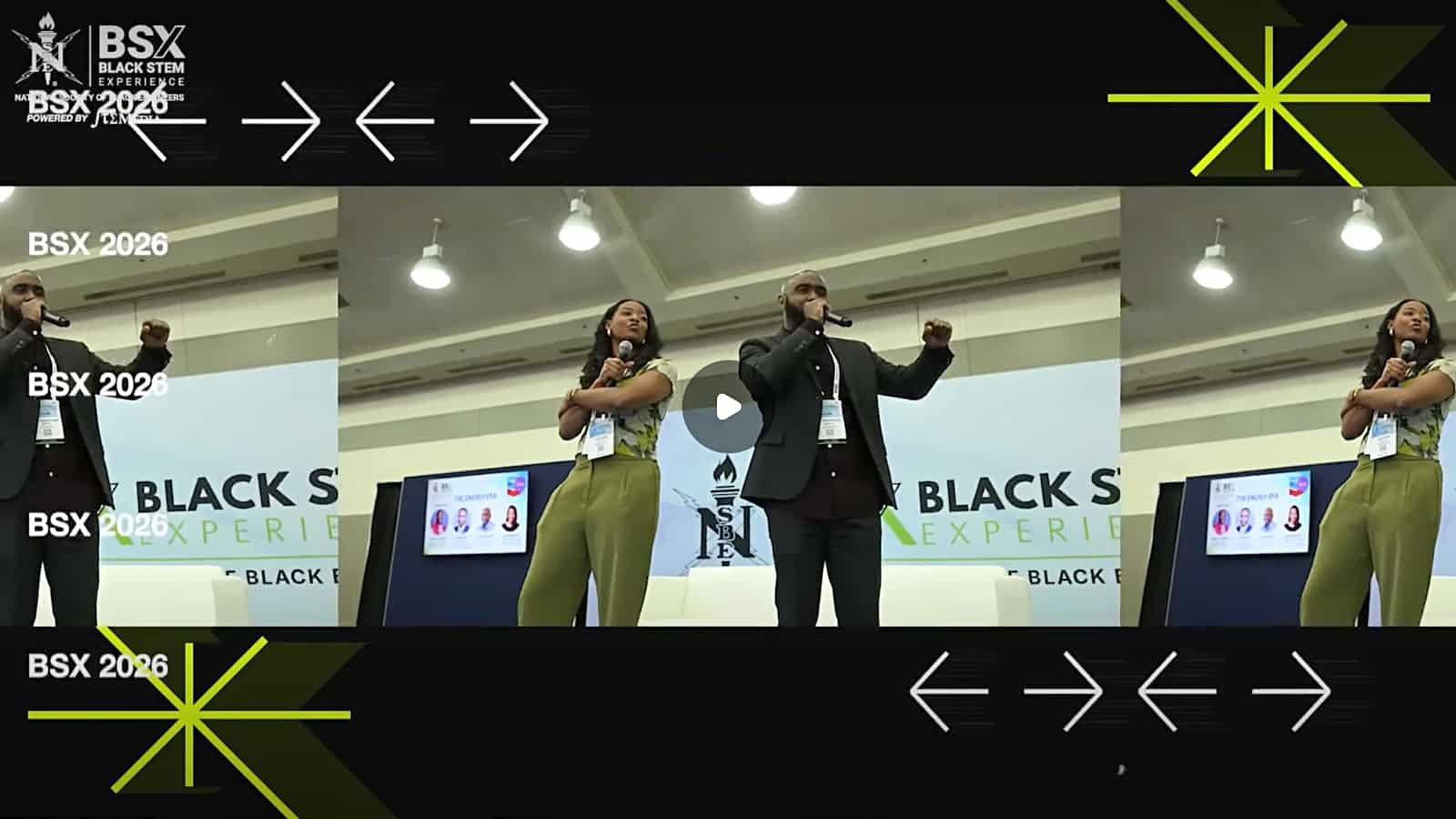 Screenshot of a presentation at the Black STEM Experience (BSX) 2026 event, featuring three speakers on stage, with a backdrop displaying the BSX logo and event name.