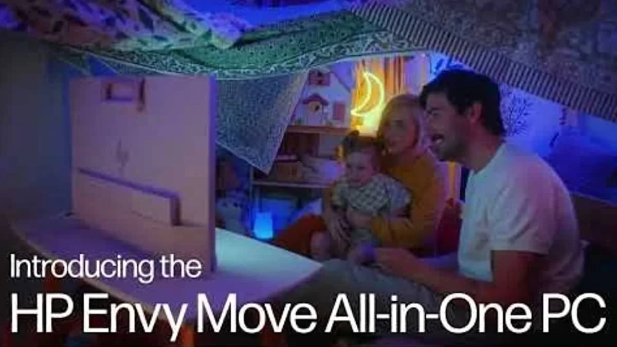 Photo of a family watching a computer screen in a cozy room with neon lights.