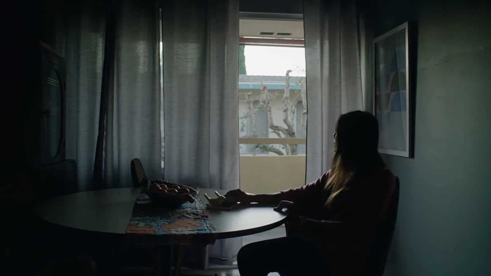 A woman sitting at a dining table in a dimly lit room, with sunlight coming through the open balcony door, revealing a tree outside.