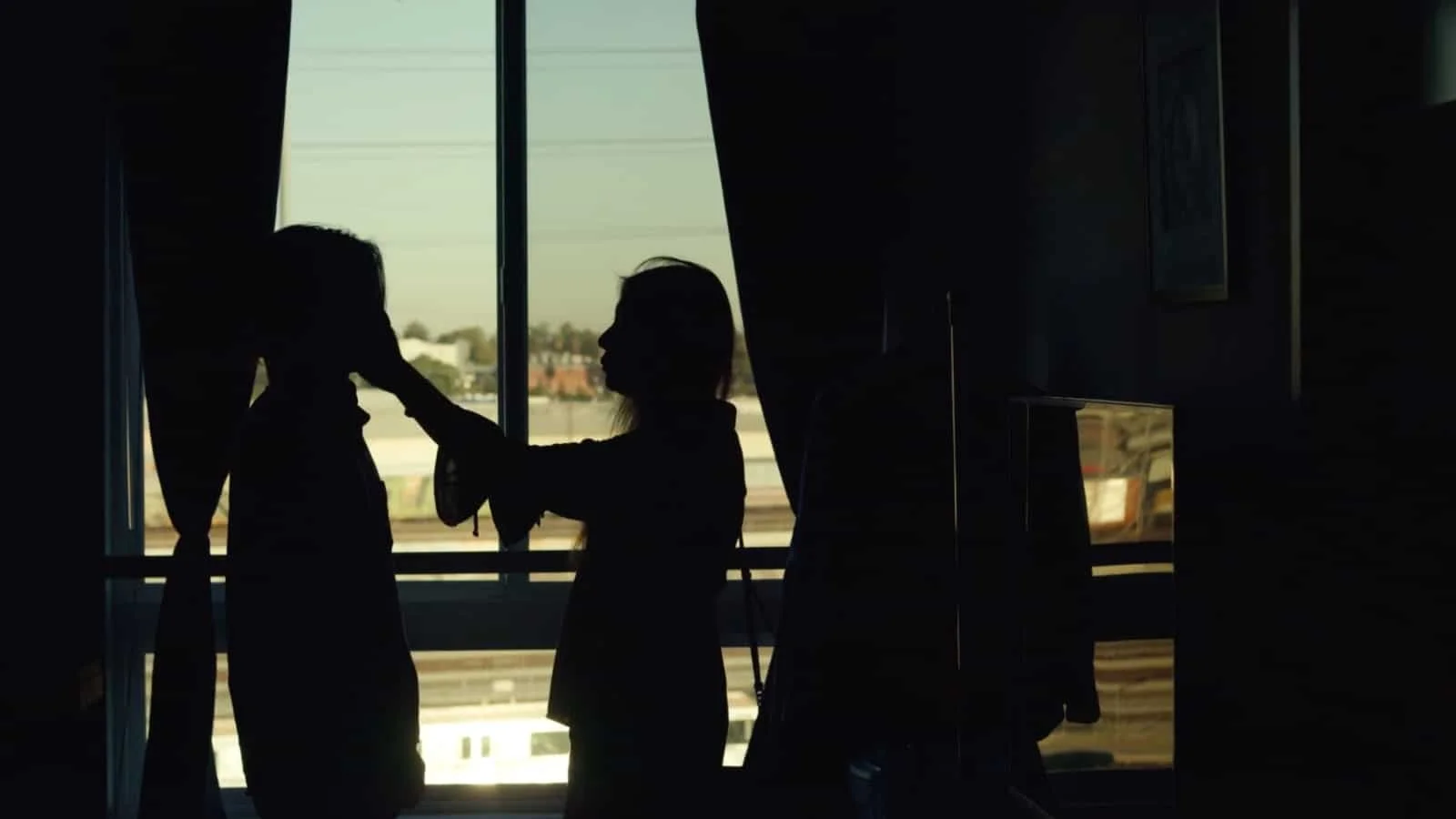 Silhouettes of two people near a window with curtains; two are facing each other, one appears to be touching the other's face, with a view of houses and trees outside.