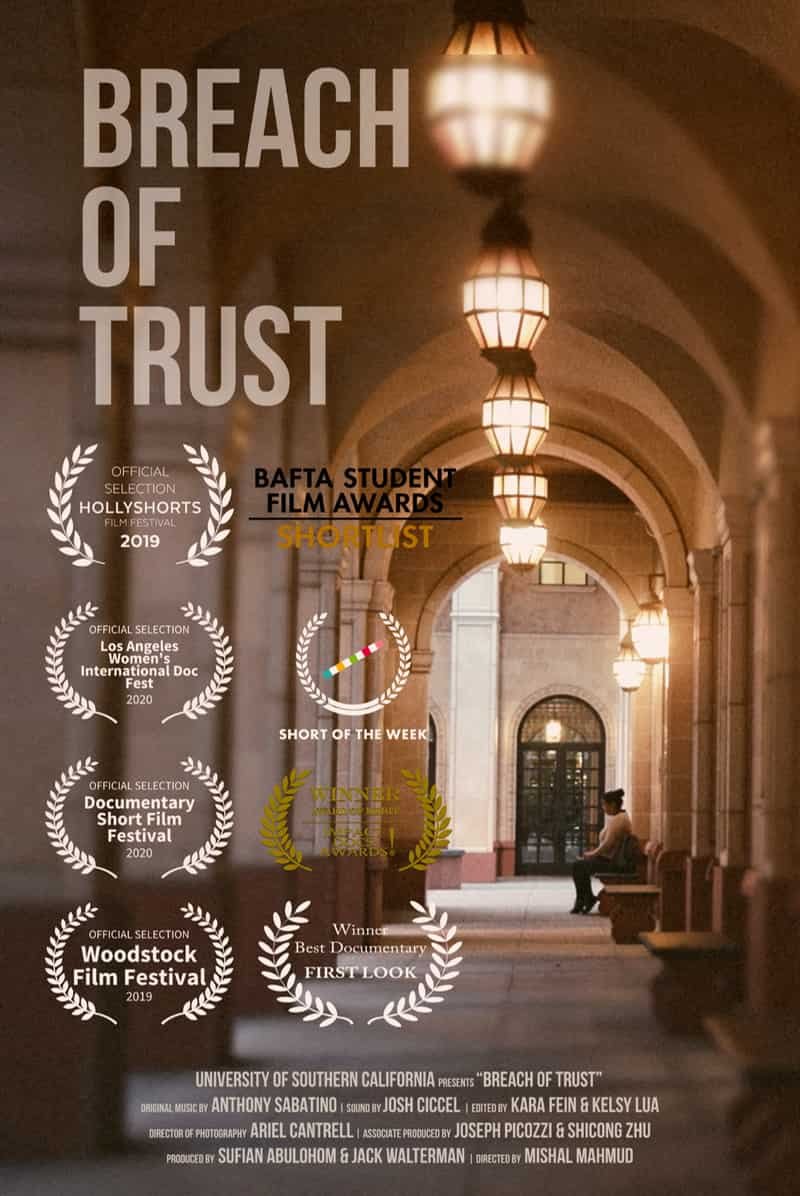 Poster for the short film 'Breach of Trust' with awards and festival selections, set against an architectural corridor with hanging lamps and a person sitting on a bench.
