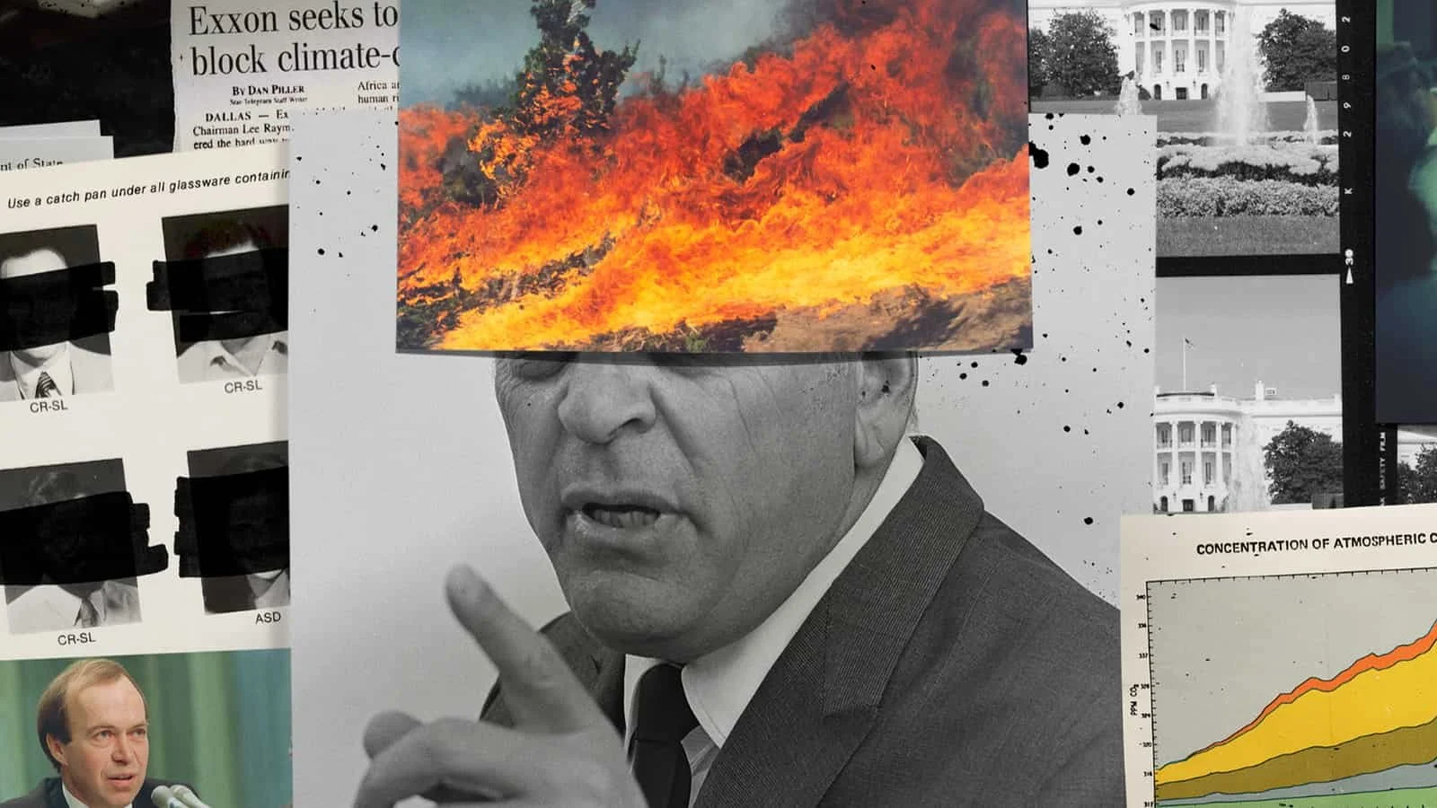 Collage of images including a black and white photo of a man in a suit making a gesture, photos of the White House, graphs, and a photo of a wildfire with flames and smoke.