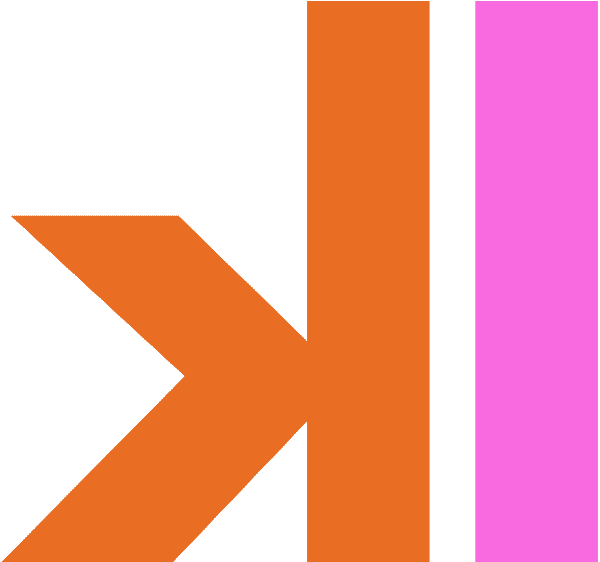 Abstract geometric design featuring a backwards lowercase letter k in orange with a lowercase l in bright pink to the right.