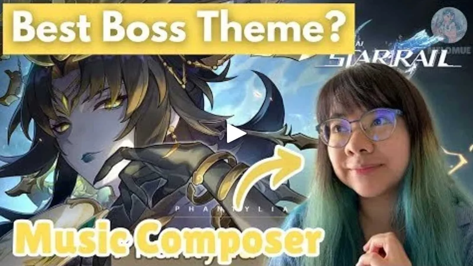 A colorful digital illustration of a fantasy character, with long dark hair, golden eyes, and wearing armor and accessories, next to a young woman with glasses and green-tinted hair, with text asking about the best boss theme and music composer.