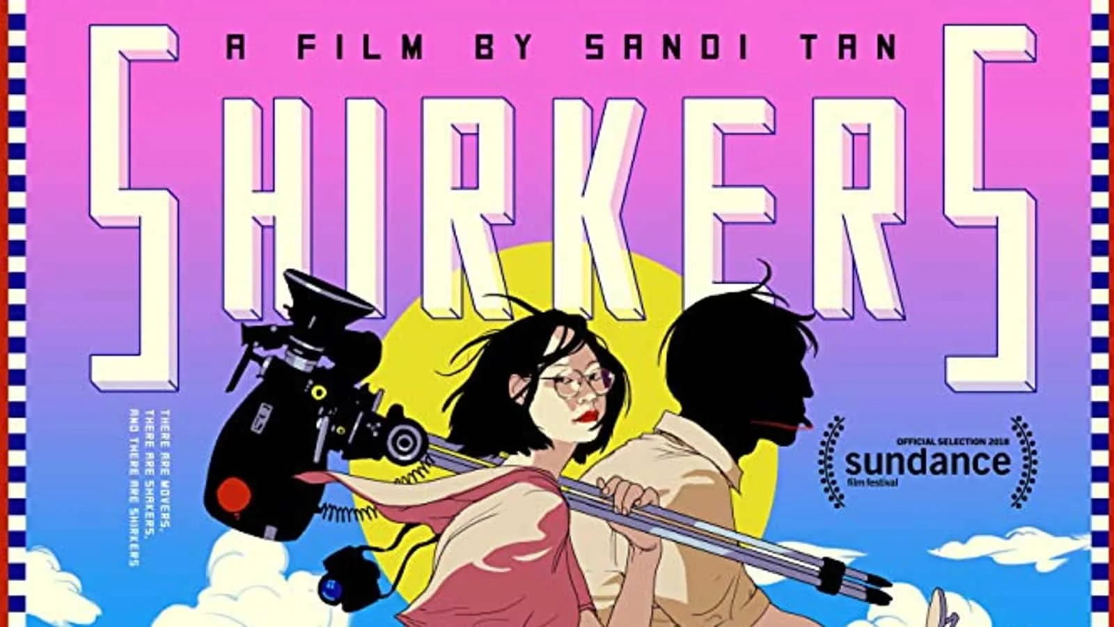 Promotional poster for the film 'Shirkers' by Sandi Tan, featuring illustrated characters and a bright, colorful background with clouds and a sun.