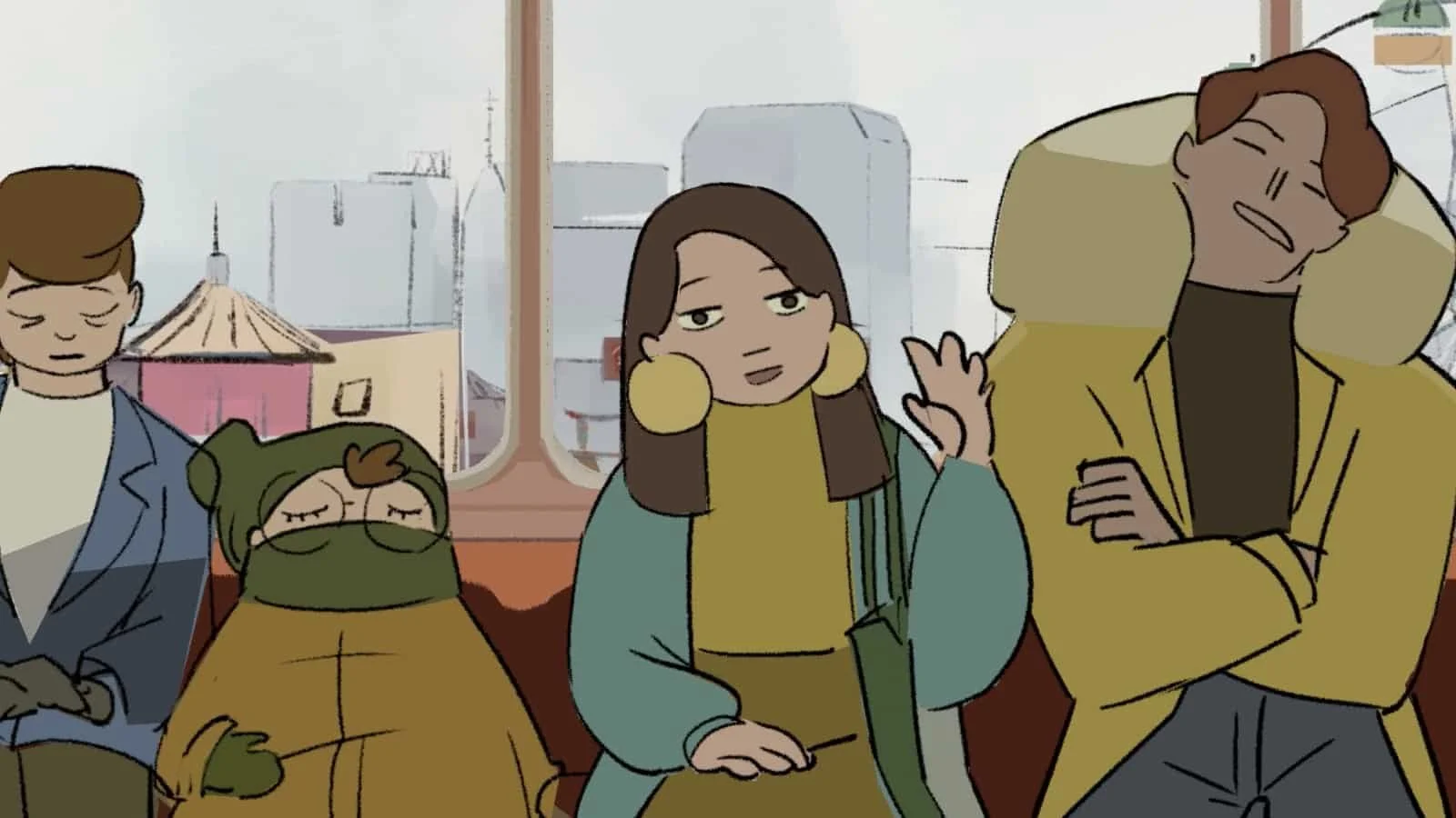 Cartoon drawing of four people sitting together with city buildings visible through the window. One person is sleeping, another is awake with a relaxing expression, a woman is waving, and another person is smiling with arms crossed.