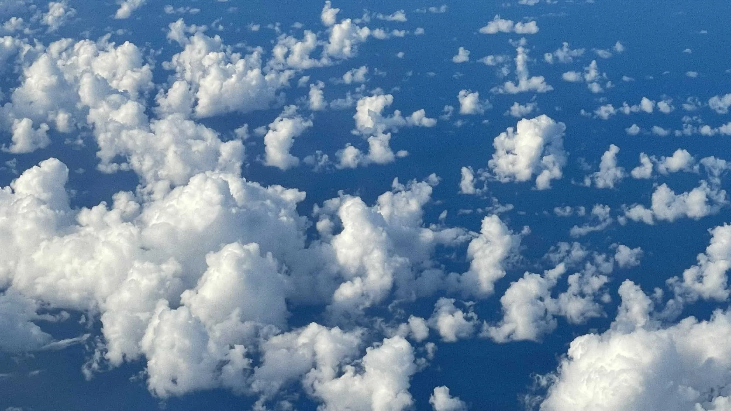 View of a blue sky filled with numerous scattered white clouds.