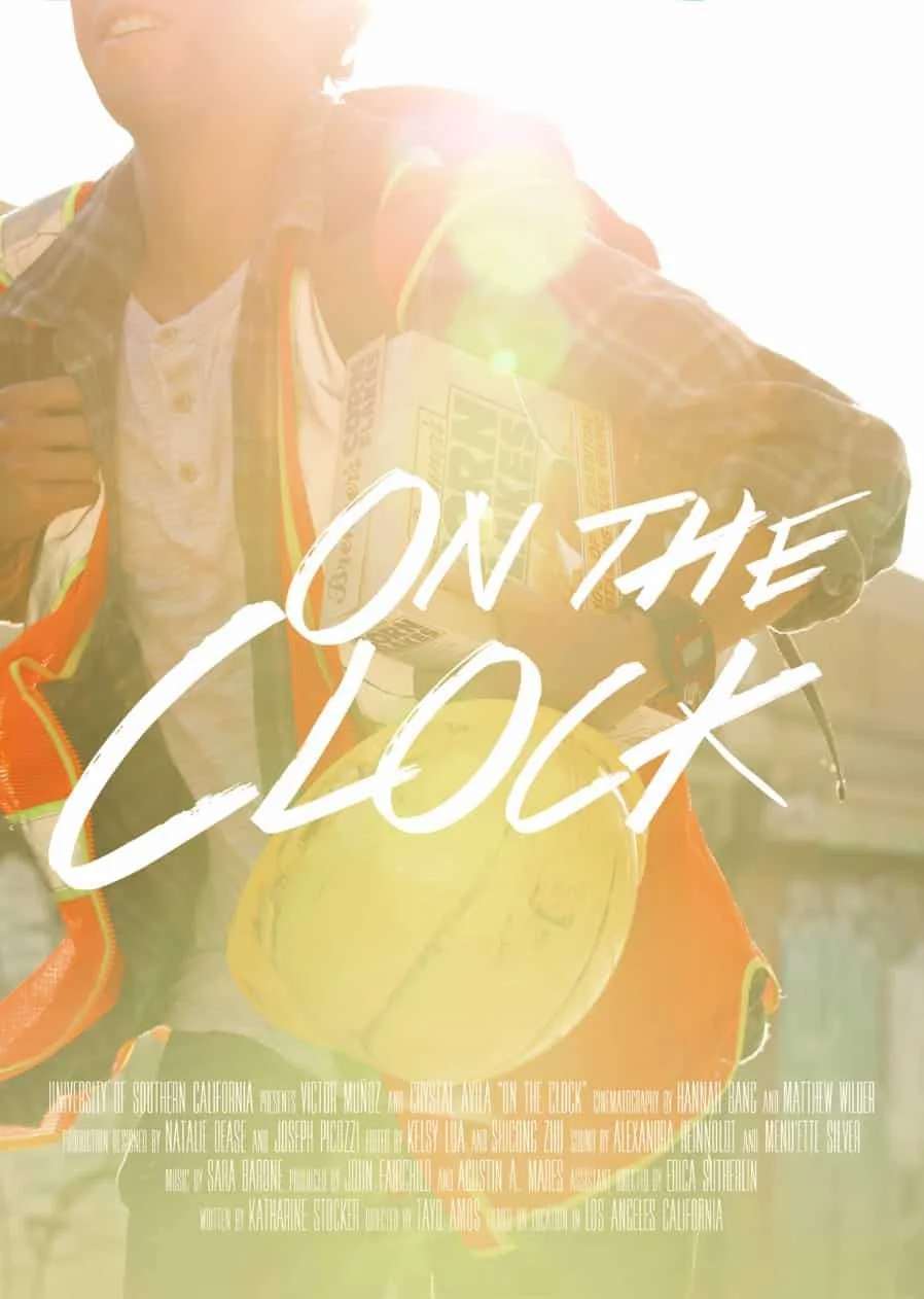 Movie poster of a young male carrying grocery supplies with sunlight and lens flare effects, text overlay saying "On the Clock".