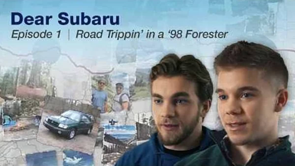 A video thumbnail titled 'Dear Subaru,' episode 1, called 'Road Trippin' in a '98 Forester'. The poster features a background collage of outdoor scenes, including a black car, a backyard with a pool, and two young men in the foreground.