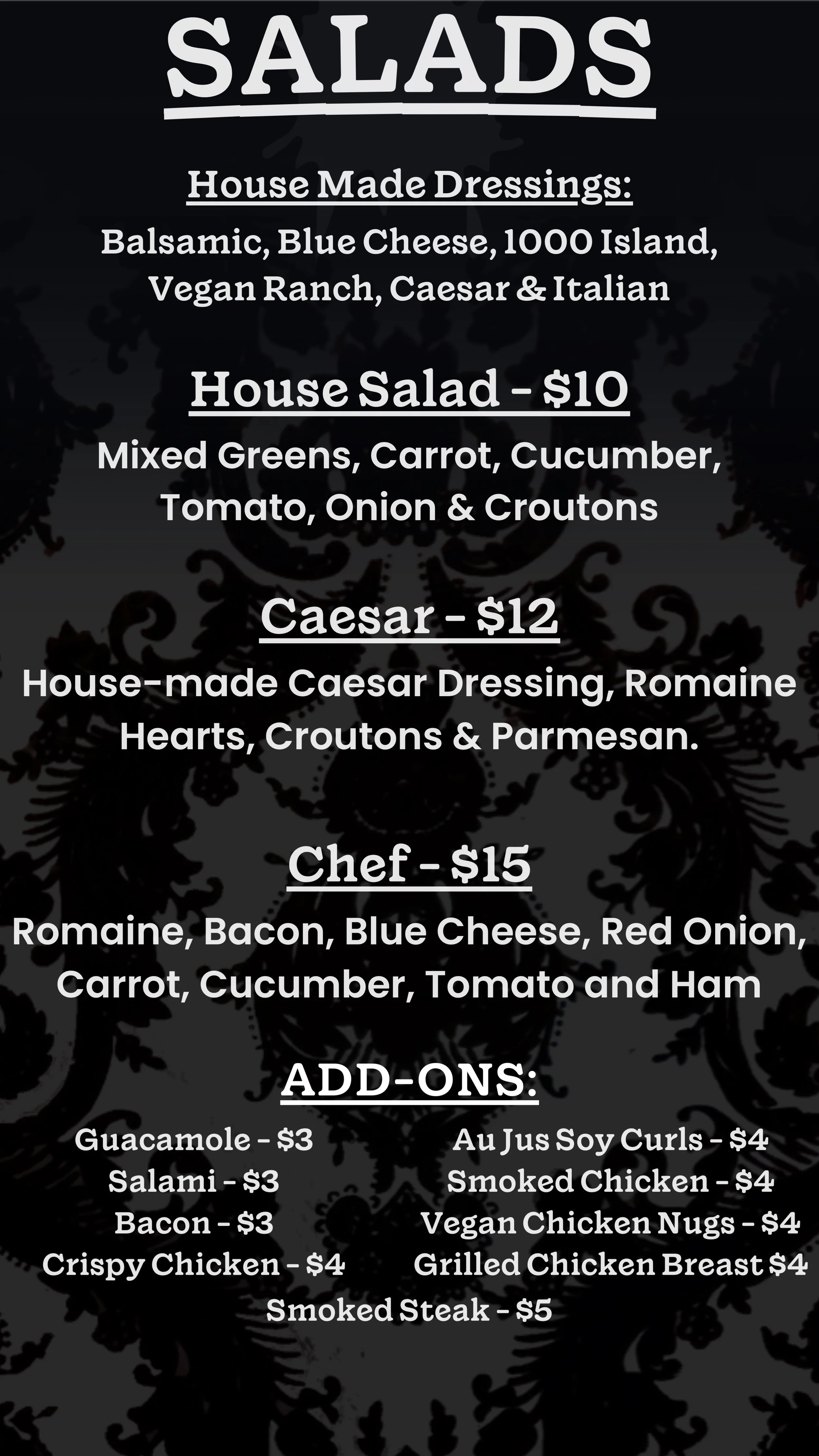 A menu board offering various types of salads and add-ons, with prices listed for each option.