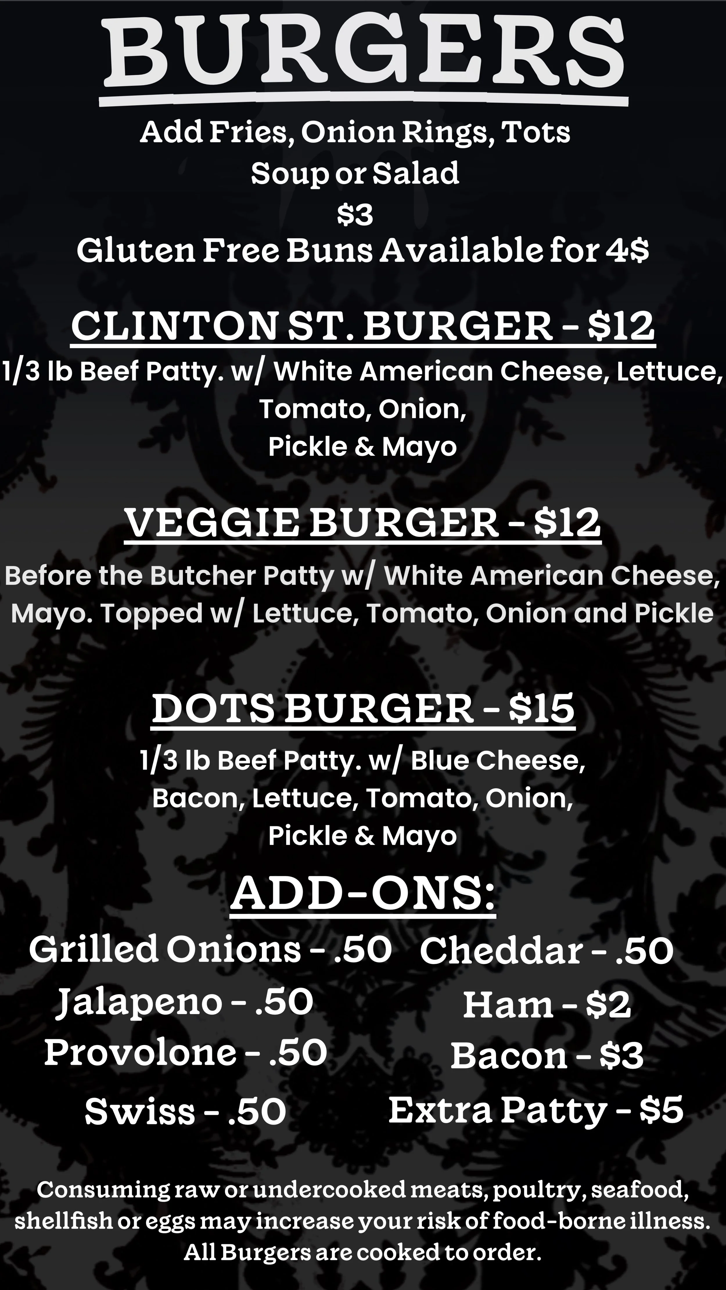 Menu signboard for a burger restaurant listing prices and options for different burger types and add-ons.