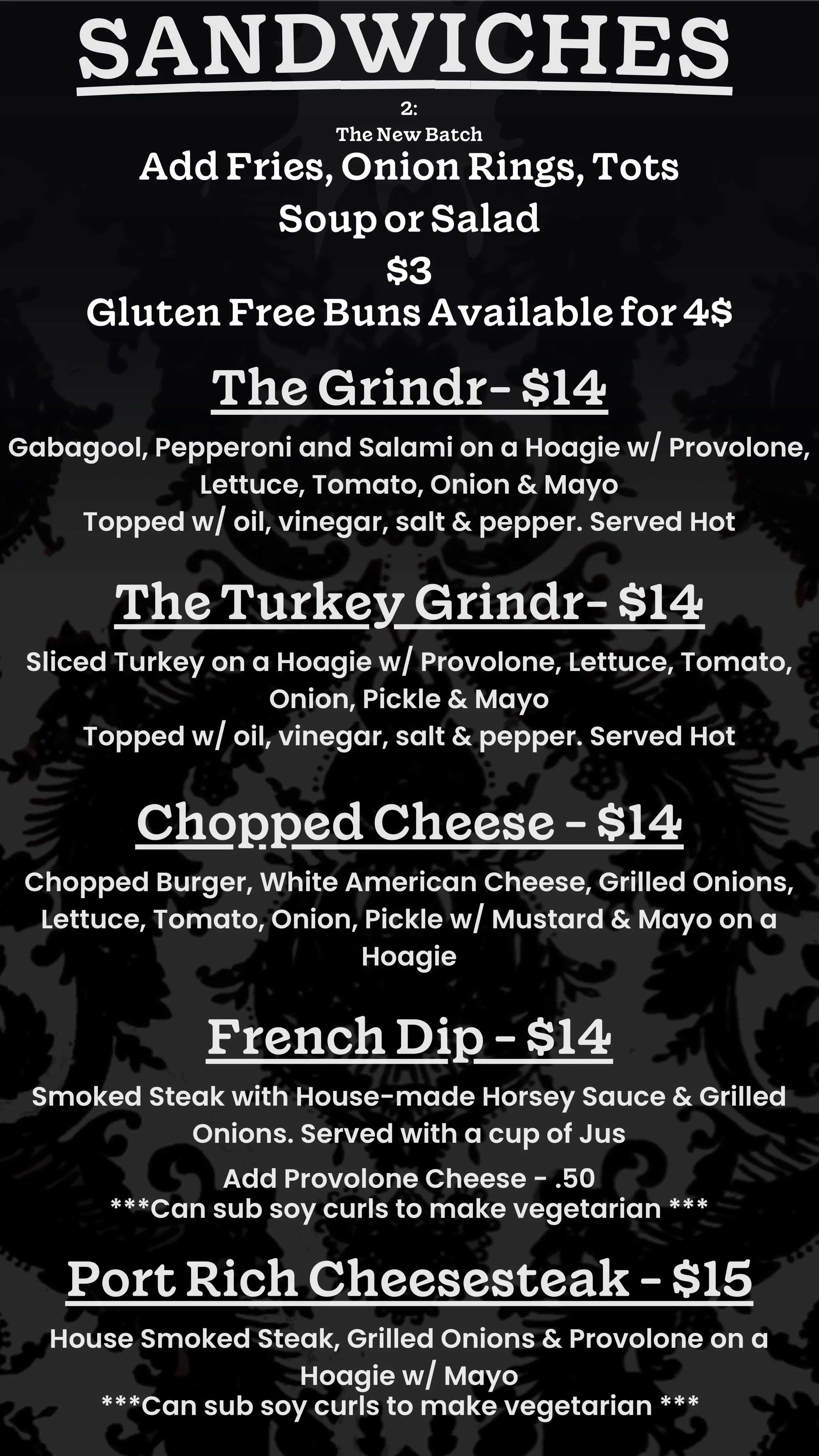 Menu board showcasing various sandwiches including The Grindr, The Turkey Grindr, Chopped Cheese, French Dip, and Port Rich Cheesesteak, with descriptions and prices.