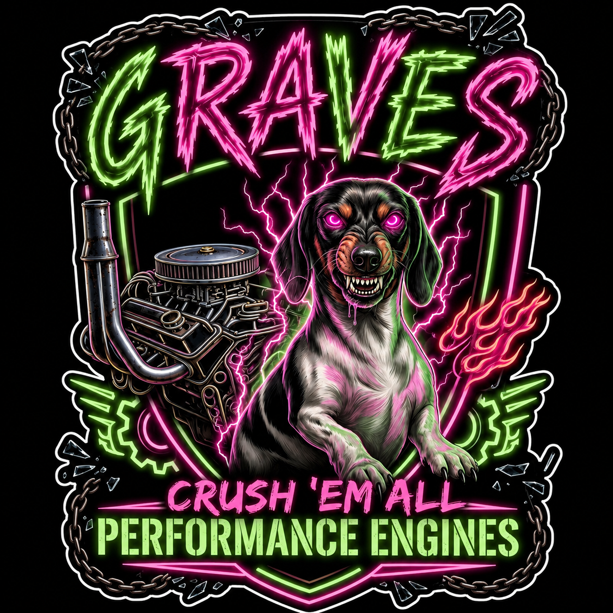 Neon-style graphic featuring a menacing dog with glowing purple eyes, surrounded by a chain, an engine, flames, and lightning, with the words "GRAVES CRUSH 'EM ALL PERFORMANCE ENGINES" in bright pink and green.