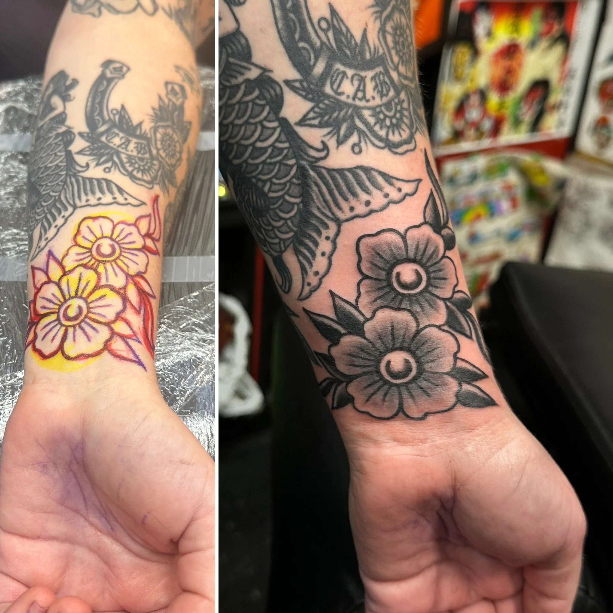 Close-up photos of a person's forearm with black tattooing, featuring a large floral design and patterns.
