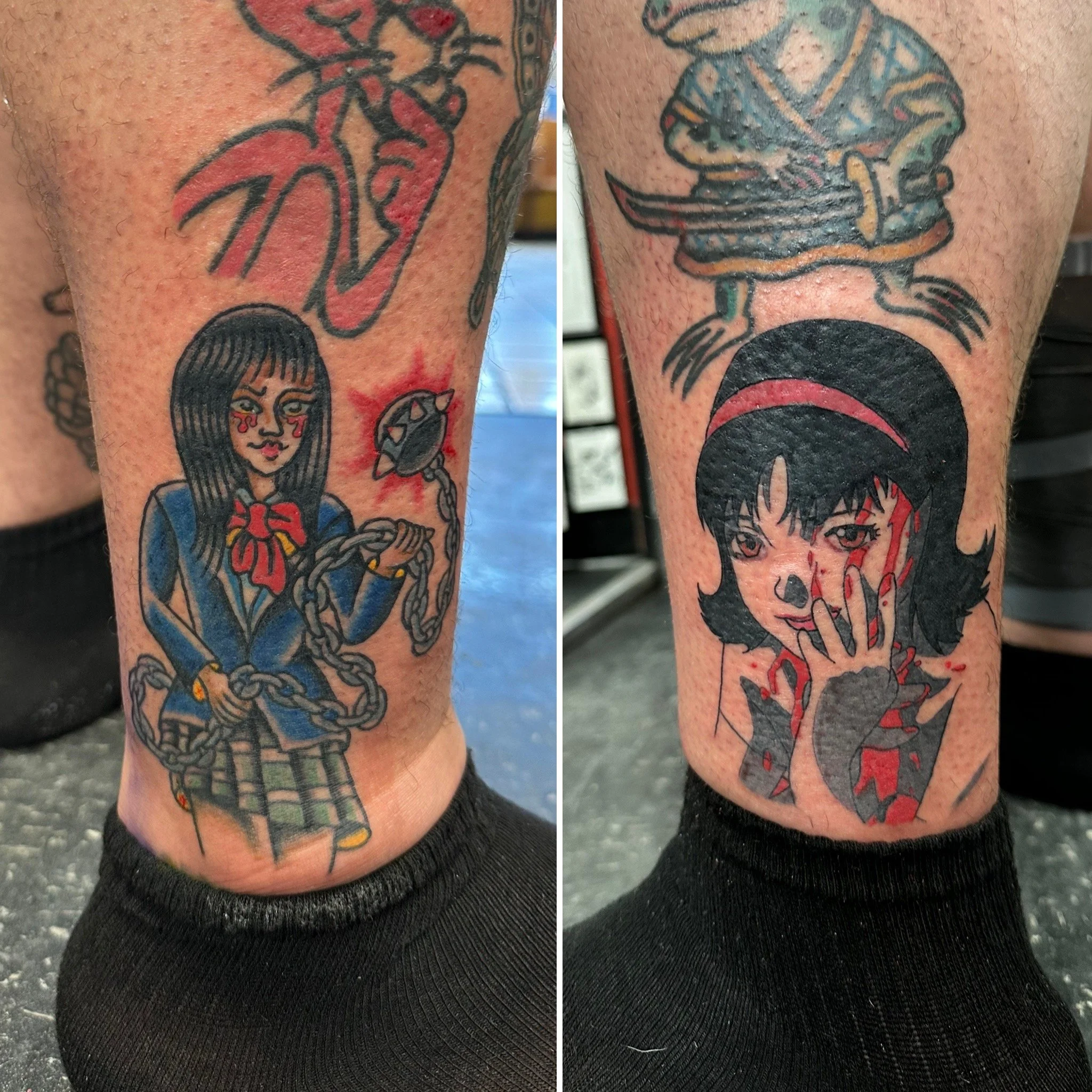 Close-up of two tattoos on a person's arm, featuring traditional style designs. The left tattoo depicts a woman with long dark hair, a red bow, and tears on her face. The right tattoo shows a detailed depiction of a ship with a sail, ropes, and an an