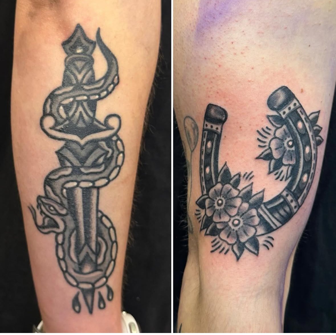 Two tattoos on a person's arm: the left tattoo depicts a snake wrapped around a dagger, and the right tattoo shows a horseshoe with flowers.