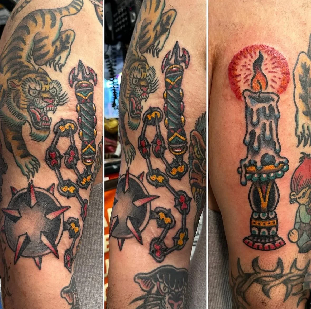 Tattoo sleeve featuring a snarling tiger, a spiked circular shuriken, and a candle with a flame on top.
