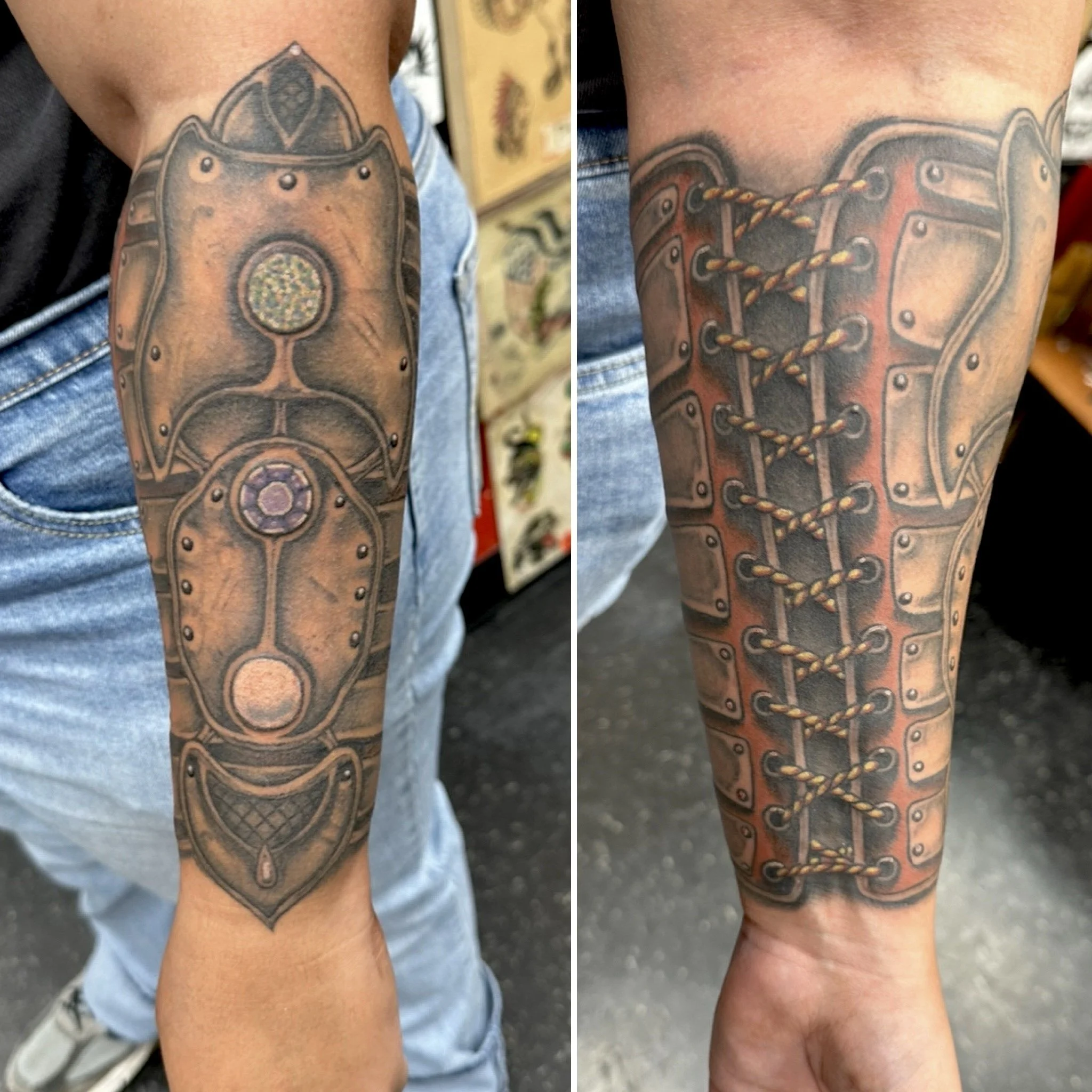 Close-up of a tattoo on a person's arm featuring a steampunk-inspired mechanical design with gears, bolts, and intricate details.