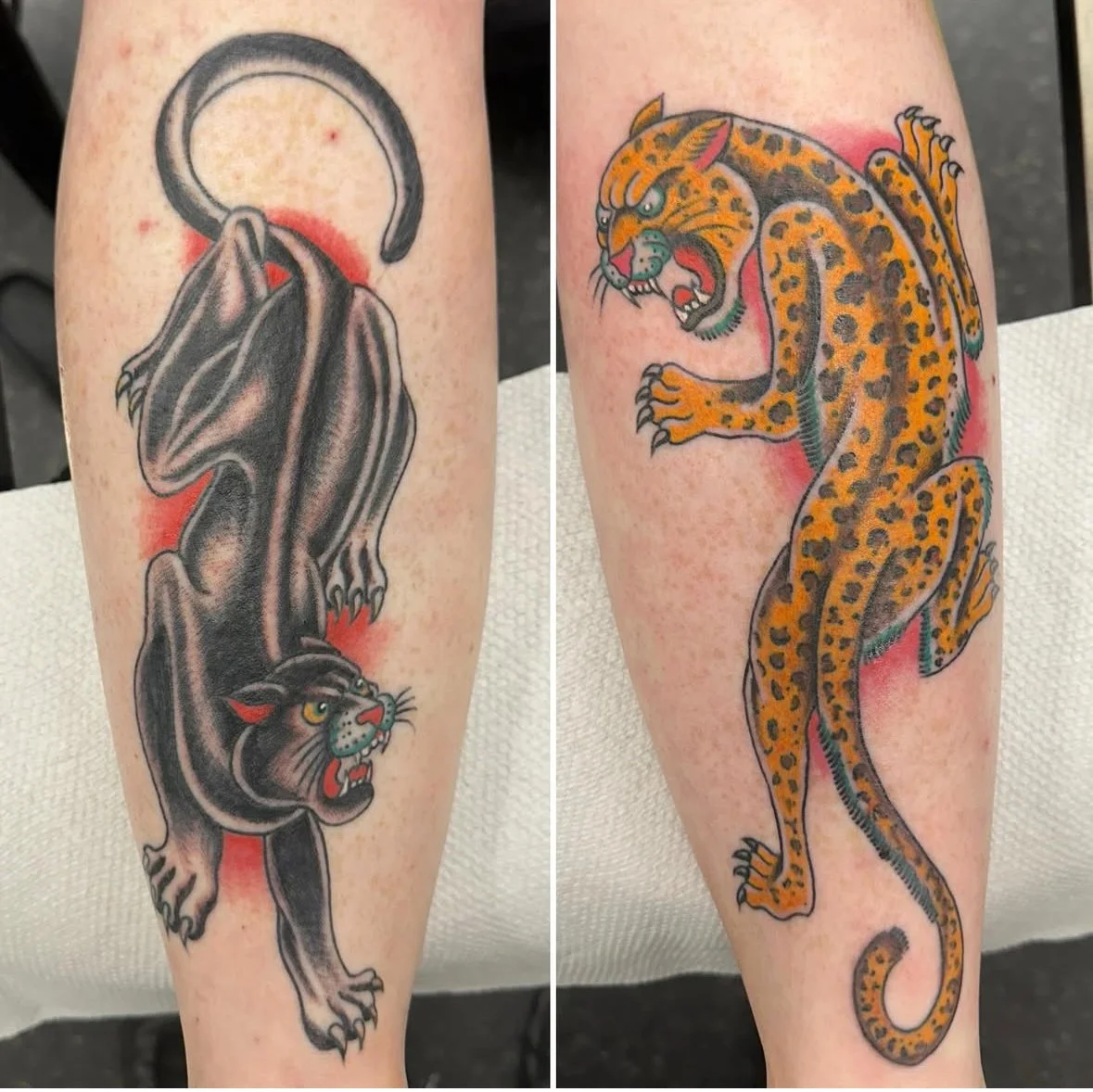 Tattoo of a black panther on the left arm and a leaping jaguar on the right arm.