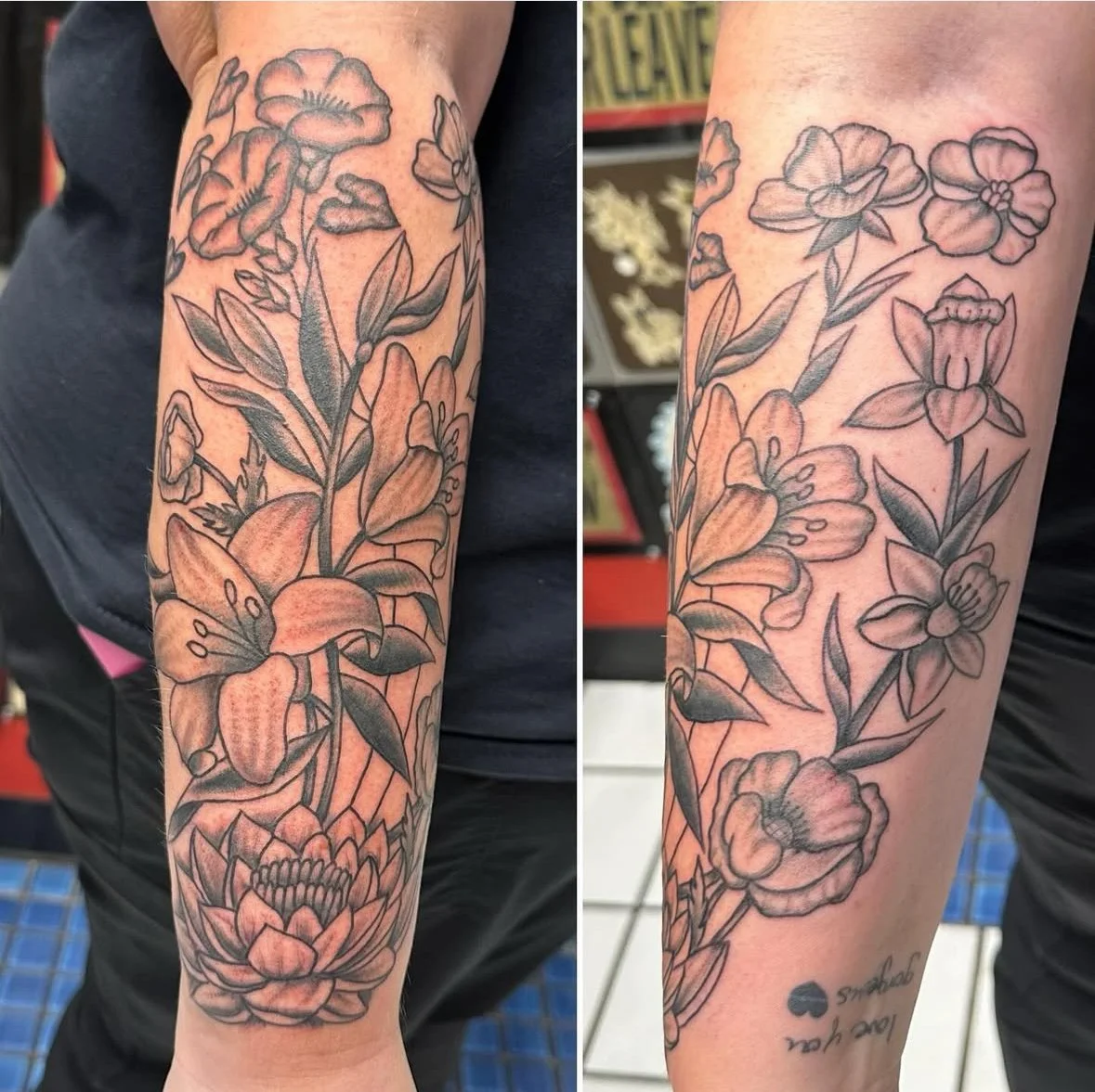 Black and gray floral tattoo featuring various flowers and leaves on a person's arm.