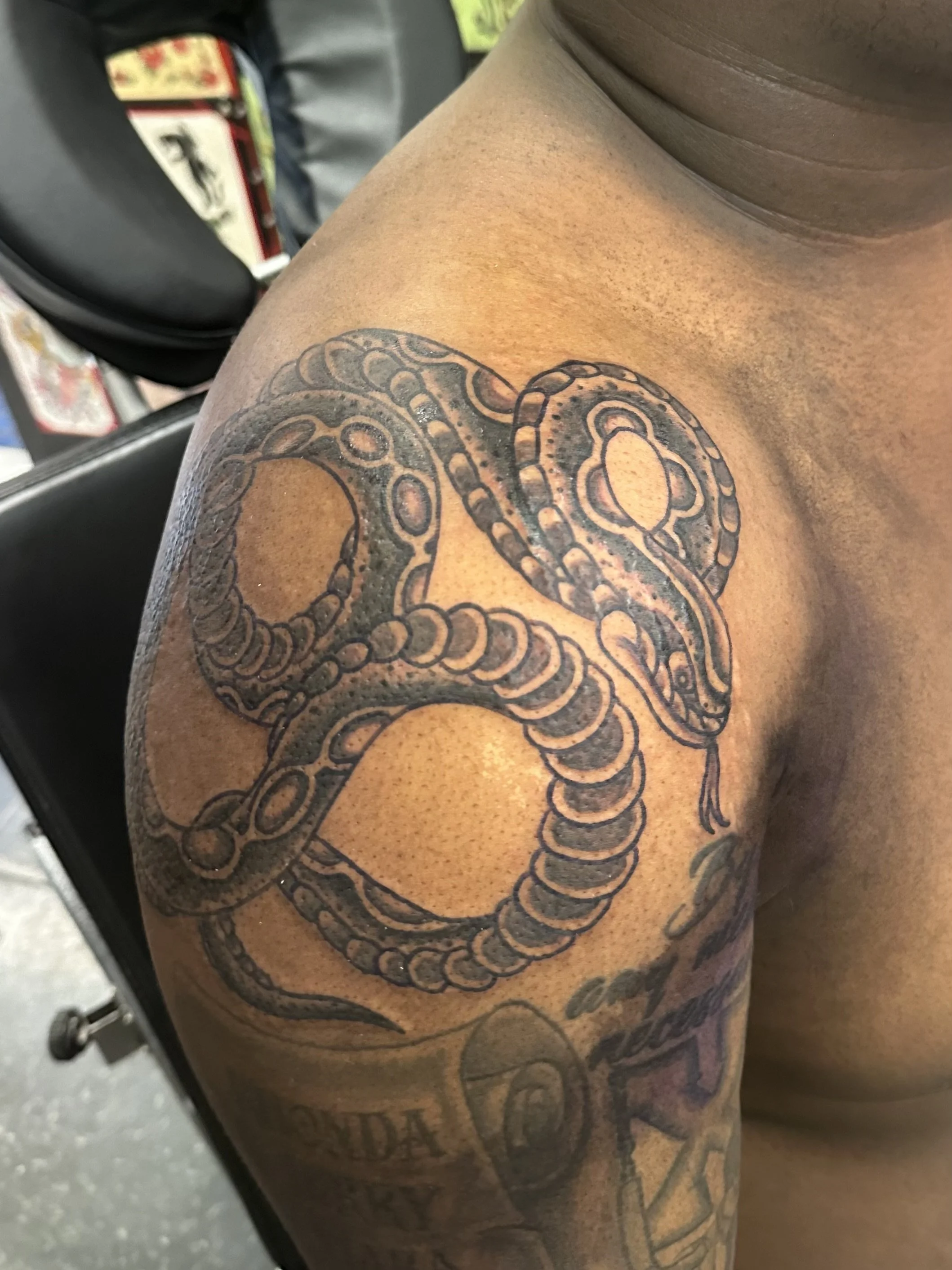 A tattoo of a snake is visible on a person's upper arm.
