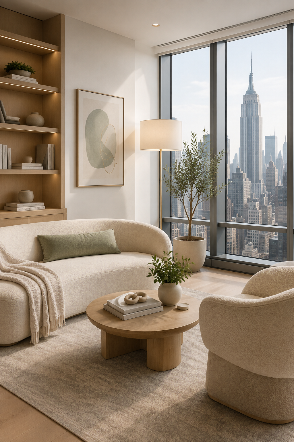 Warm, light-filled therapy office overlooking Manhattan