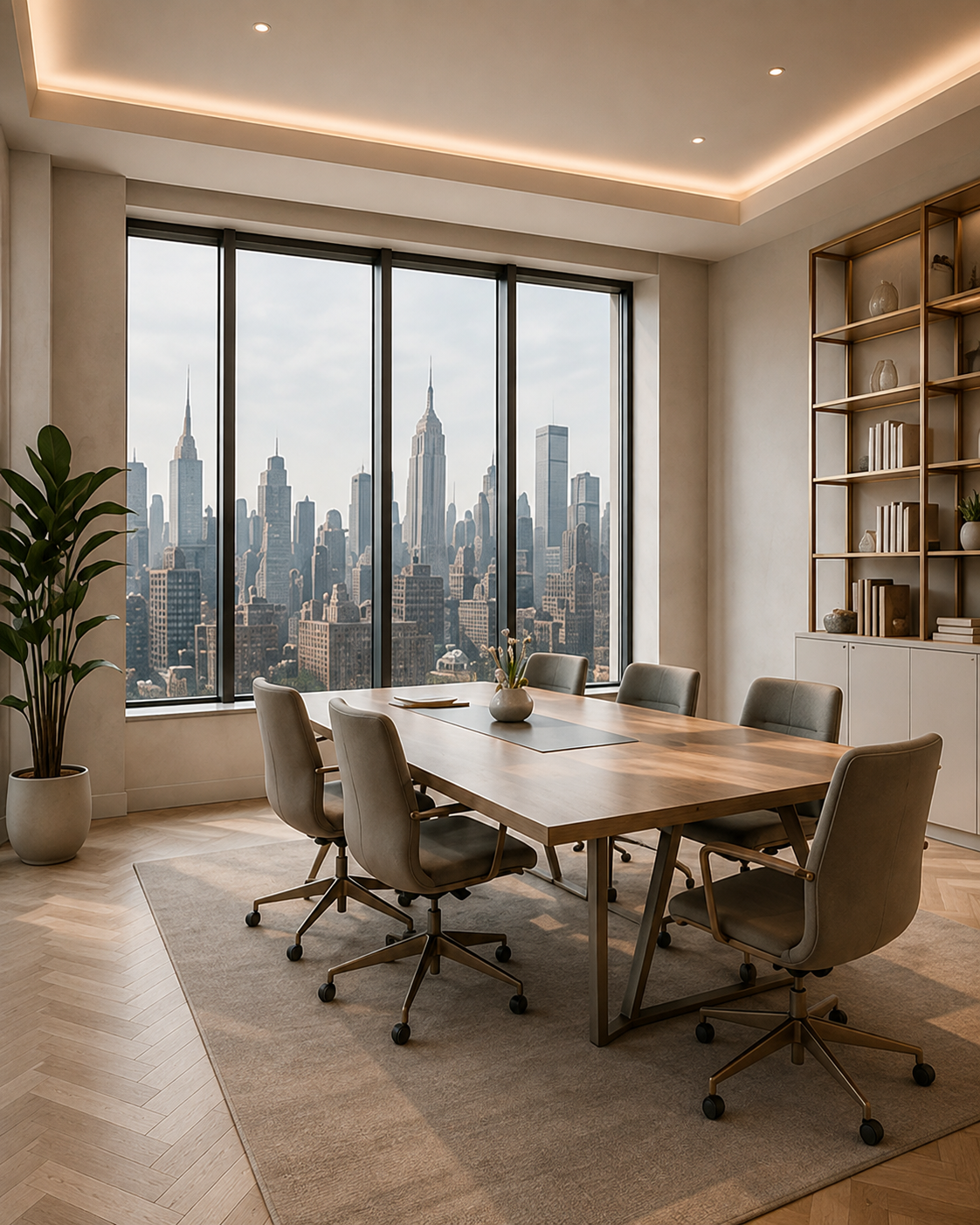 A modern Manhattan conference room overlooking the skyline