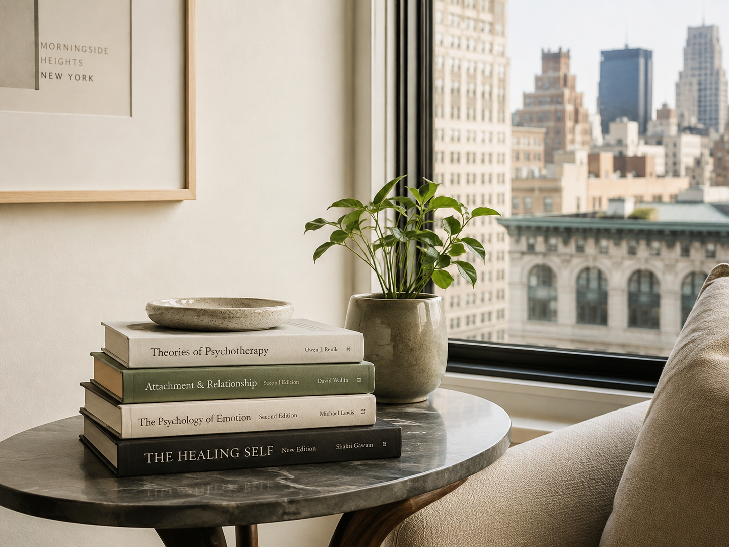 Therapy books, a leafy plant, and a quiet seating area beside a Manhattan window