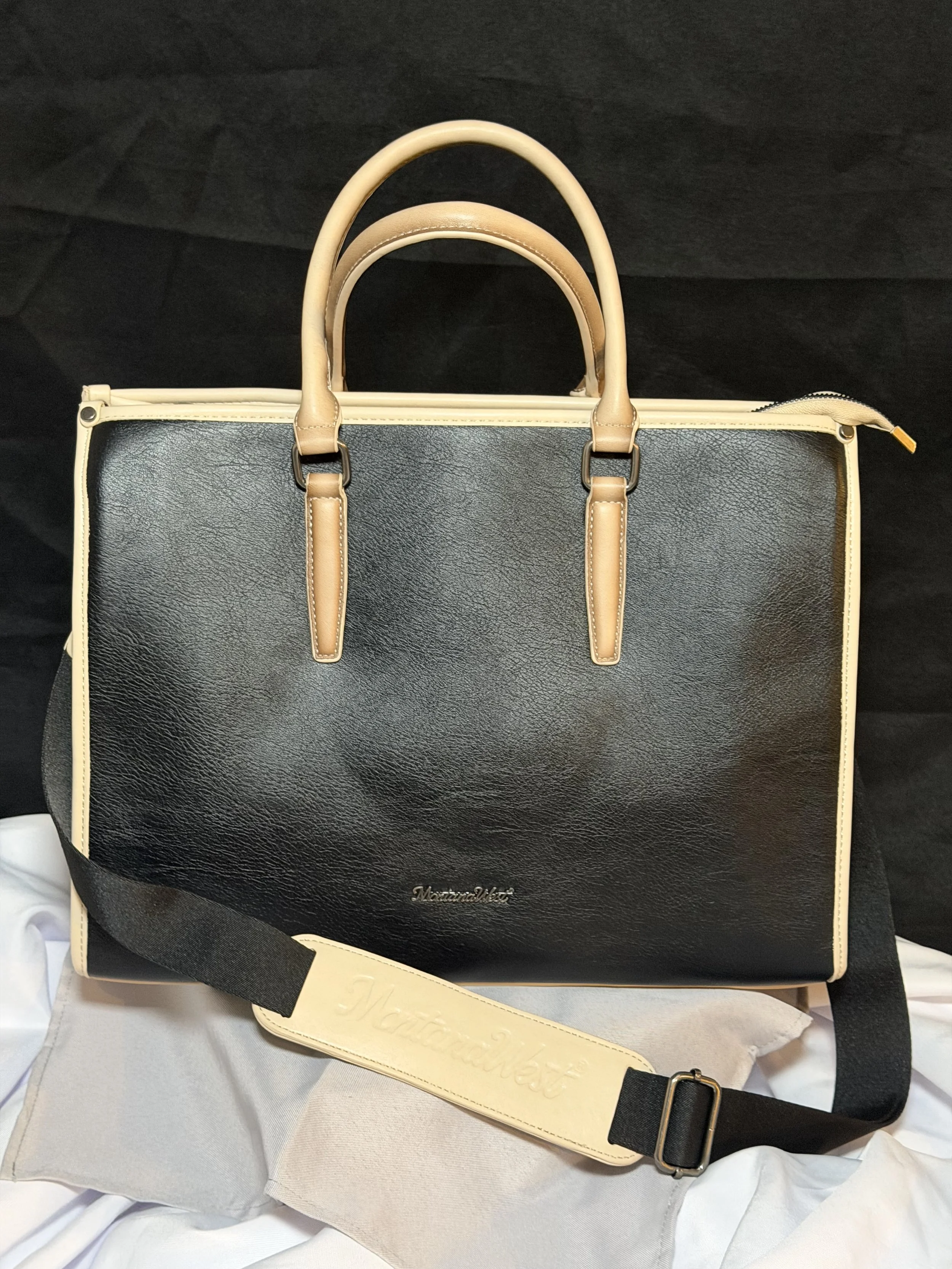 Montana West Black Laptop Tote Bag with Cream Trim - Fits 15.6" Laptop - New with Tags