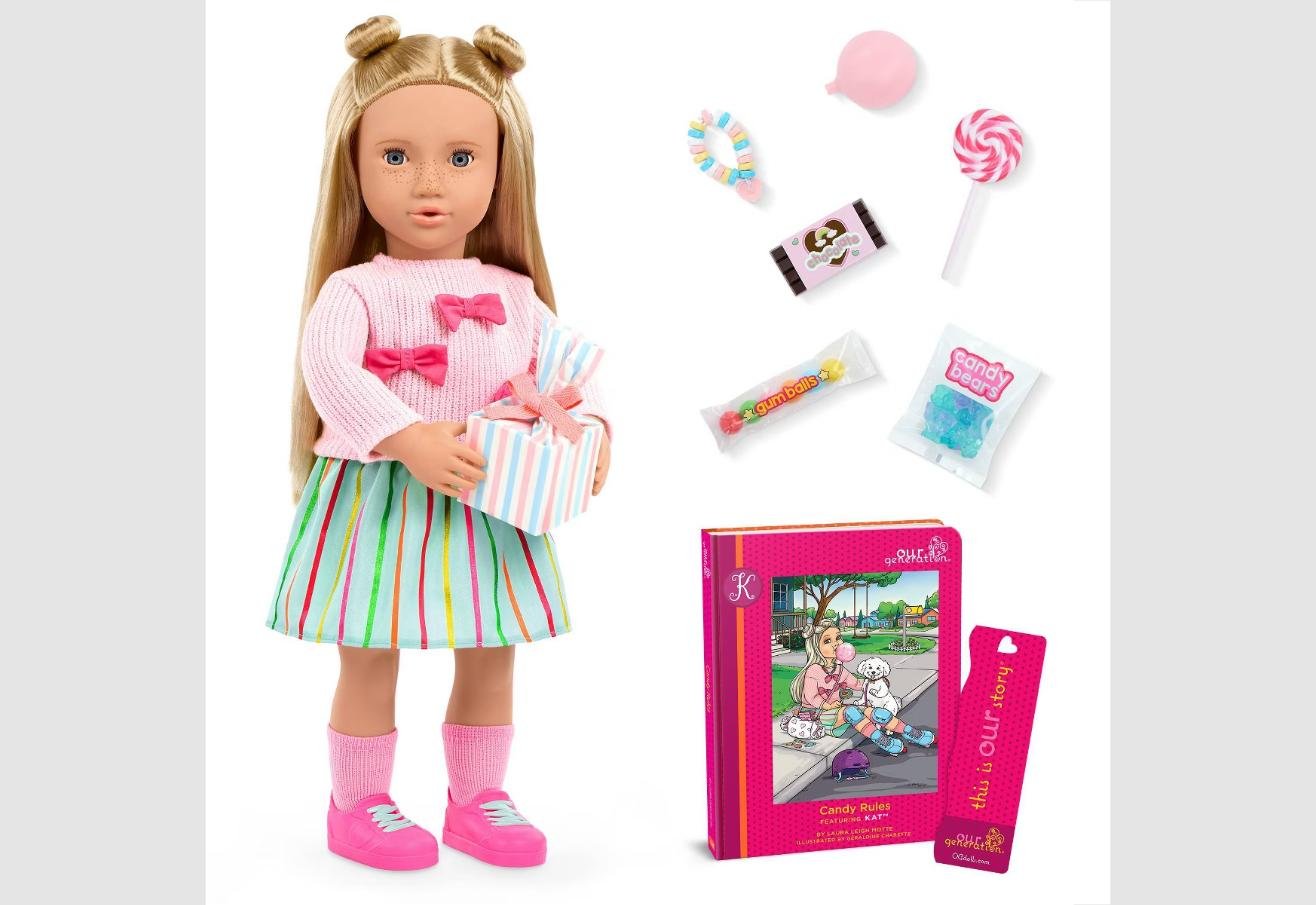 Our Generation Kat Poseable 18" Doll with Storybook & Candy Play Food Accessories