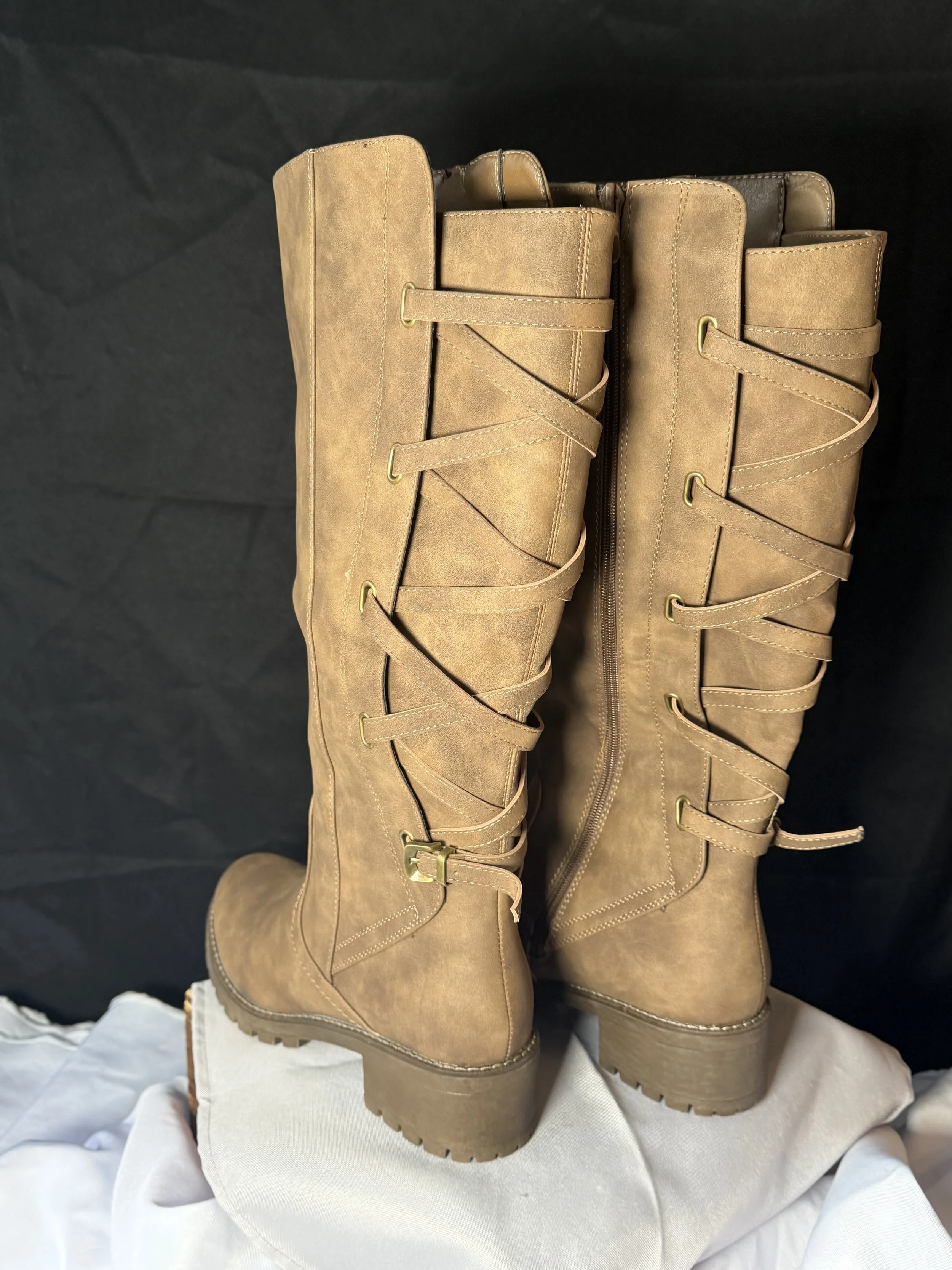 GlobalWin Tan Lace-Up Knee-High Combat Boots (Size 10)