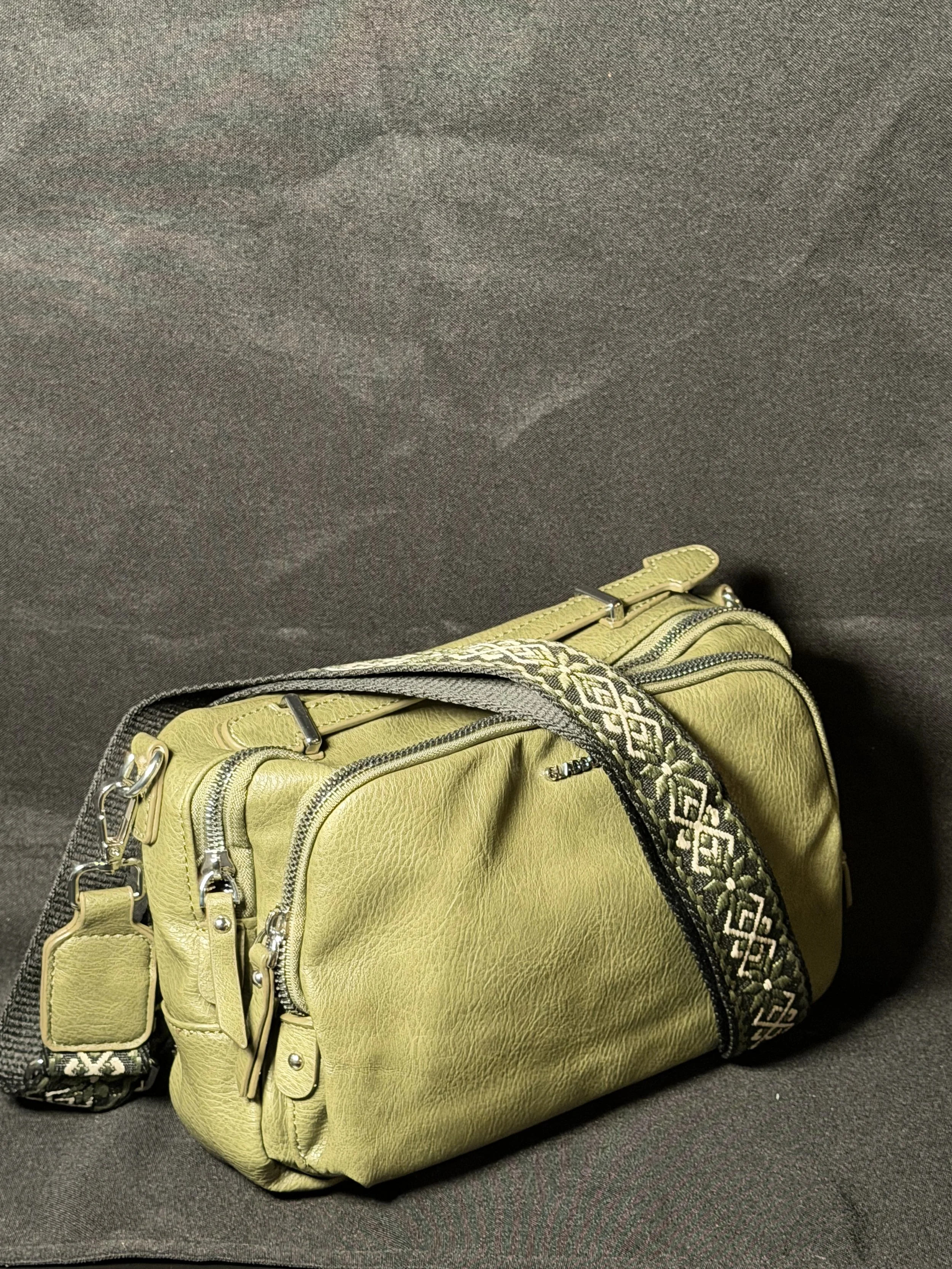 Olive Green Crossbody Purse with Woven Guitar Strap