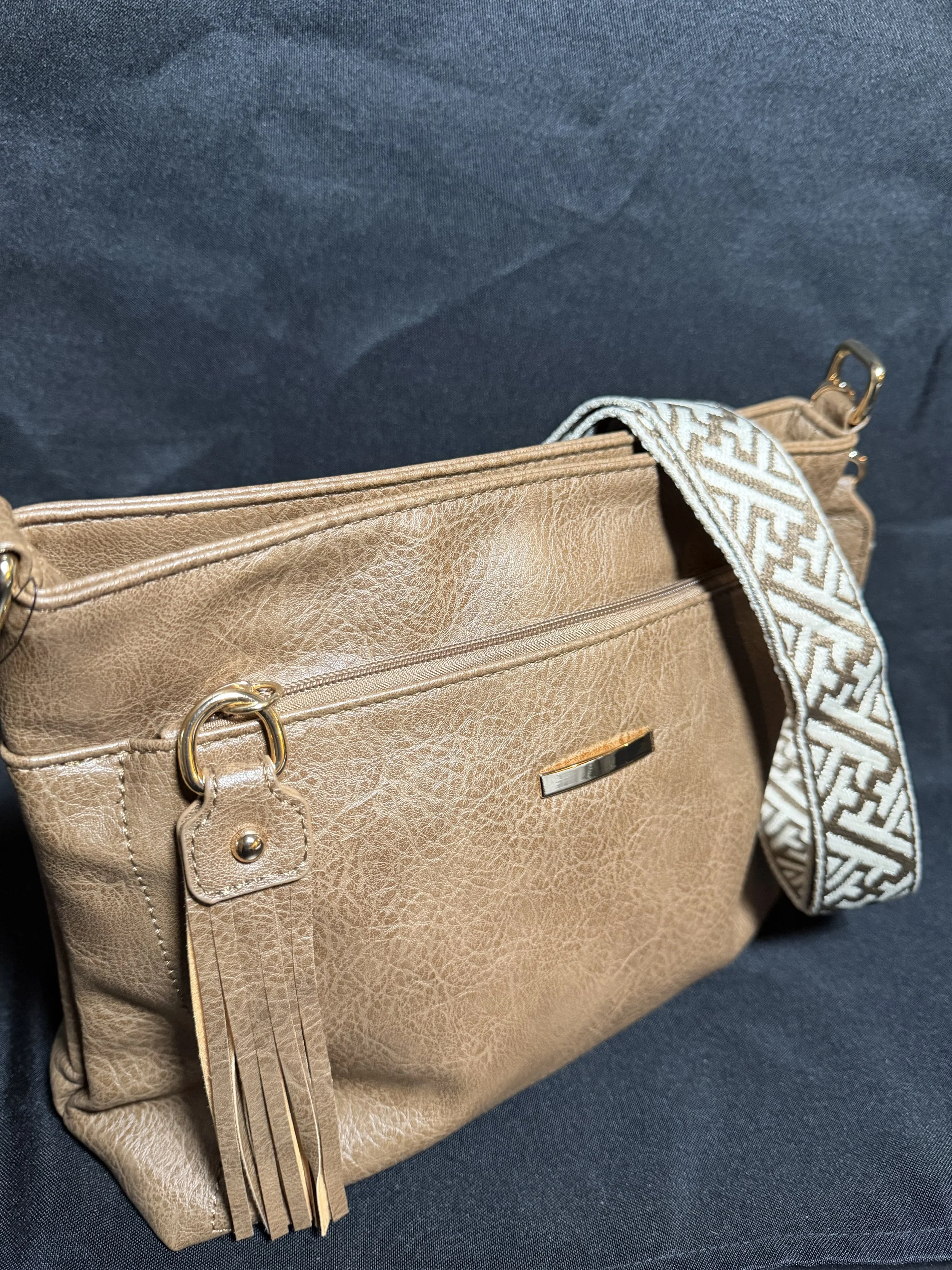 Tan Fringe Crossbody Purse with Woven Guitar Strap