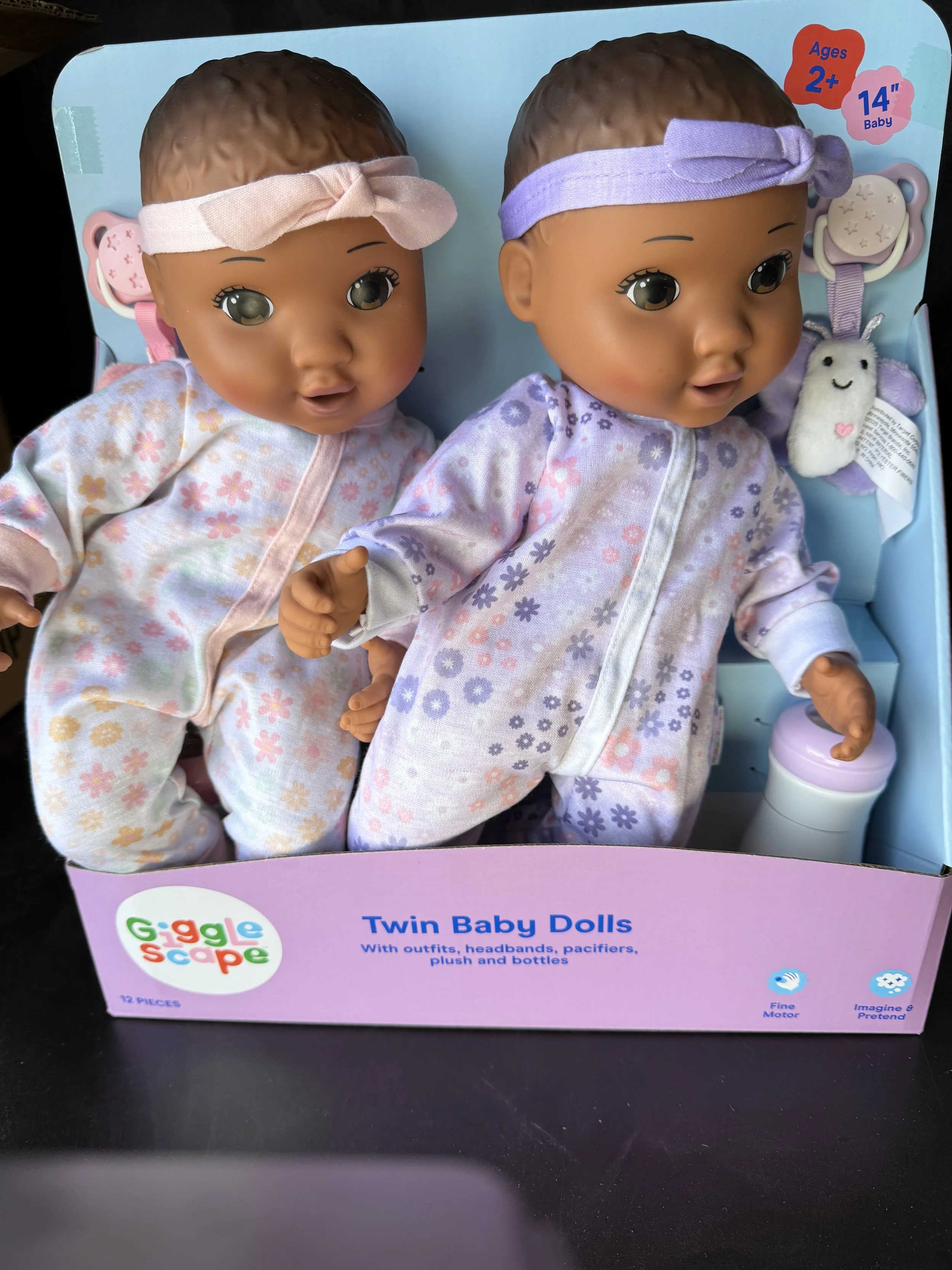 Gigglescape 14" Girl Twin Baby Dolls - 12 Piece Set with Outfits, Pacifiers, Bottles & Plush - New in Box